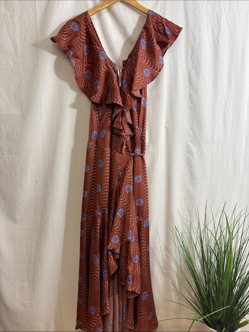 ANTHROPOLOGIE ruffle wrap midi dress brown motif - Picture 3 of 12